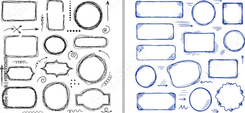 A comprehensive collection of hand-drawn frames and design elements. Includes black sketchy borders on the left and various blue rectangular and circular frames with accents on the right.