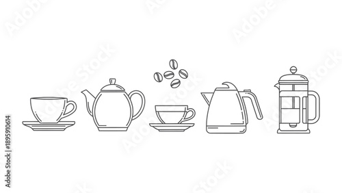 Simplified Coffee and Tea Icons: A clean and minimalist collection of icons representing essential items associated with coffee and tea preparation.