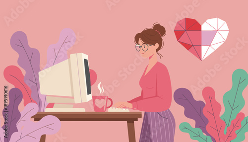 Woman teleworking on a vintage computer with coffee and geometric heart illustration Flat design