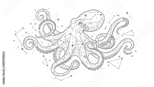 Celestial Octopus: An intricate illustration of an octopus, adorned with celestial patterns and constellations, a harmonious fusion of marine life and the cosmos.