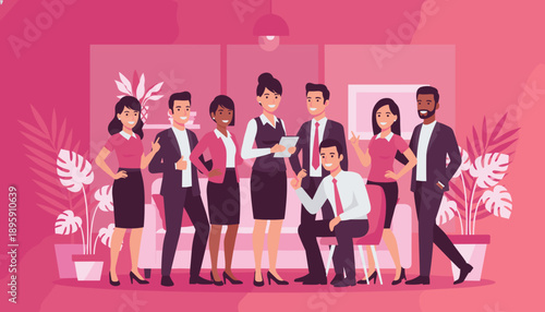 Diverse team of successful professionals smiling together in a modern pink corporate office