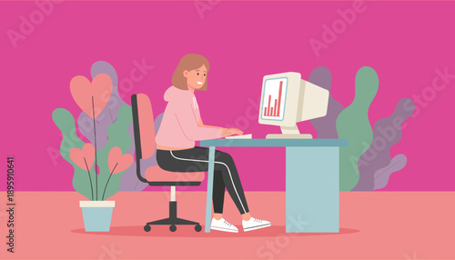 Flat illustration of a woman working on a retro desktop computer in a vibrant casual home office