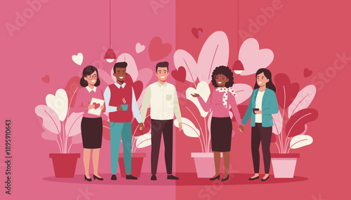 Diverse business team smiling in a festive environment with hearts Workplace appreciation