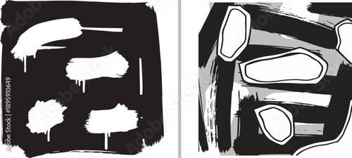 Grungy vector collection featuring bold black paint splashes, white drip effects, and abstract brushstrokes. Includes thick ink textures and organic, experimental shapes with a street-art vibe.