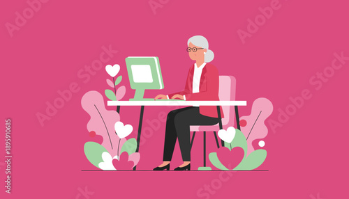 Senior woman actively working on a computer symbolizing connection remote work and modern aging