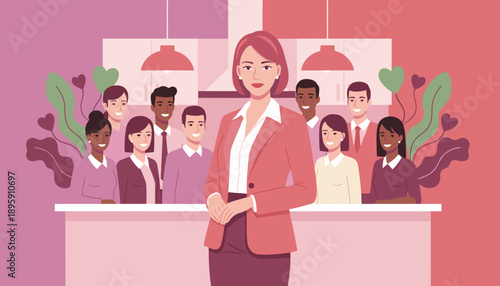 Confident female leader with her diverse supportive business team in a modern office