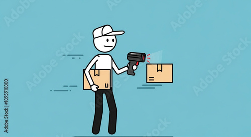 Delivery person scanning package with barcode reader cartoon illustration.