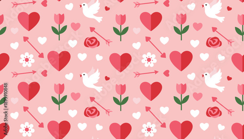 Pink Valentines Day seamless background pattern with romantic hearts doves and floral elements