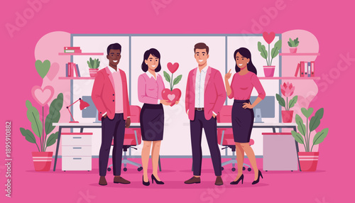 Happy diverse office team sharing appreciation and love symbolized by a heart plant