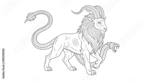 Mythical Chimera Illustration: A detailed line art illustration of the legendary Chimera, a fantastical creature blending lion, goat, and serpent features.