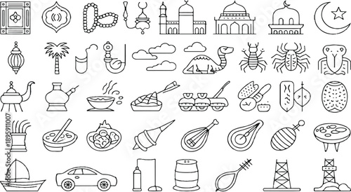 Islamic icons, line art, Middle Eastern symbols, Ramadan Kareem, Eid Mubarak, mosque silhouette, Arabic lantern, camel icon, desert oasis, palm tree, crescent moon, prayer beads, tasbih, incense burne