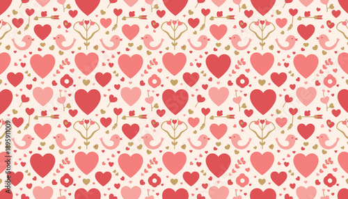 Seamless Valentines Day pattern with red and pink hearts lovebirds and arrows on a cream background