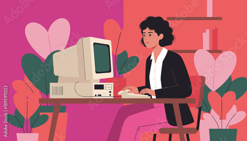 Woman uses vintage desktop computer for remote work in a stylized colorful home office