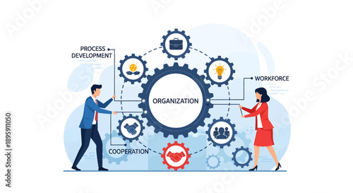 Business people interacting with organization gears representing process development and workforce