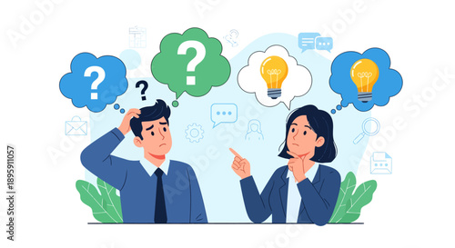 Businessman and businesswoman with question and lightbulb thought clouds