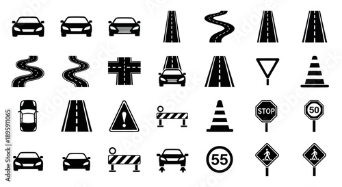 Collection of black and white road signs and cars on a white background