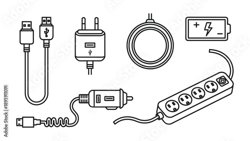 Connectivity Set: A carefully illustrated collection of power supplies and connection devices, capturing the essence of modern technology and seamless charging. 