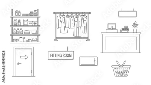 Shop interior and display elements: An assortment of line art illustrations depicting essential elements of a retail shop environment, focusing on design elements.