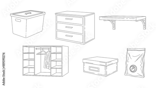 Organization in monochrome: A collection of household storage solutions, including boxes and a drawer, artfully presented in a minimalist, black-and-white style.