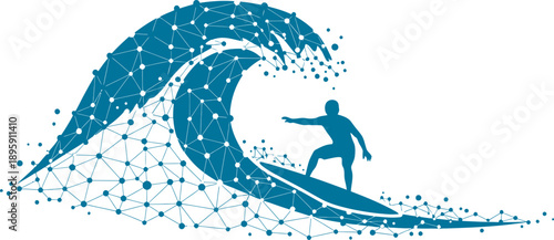 Surfer riding a large blue wave on a sunny day