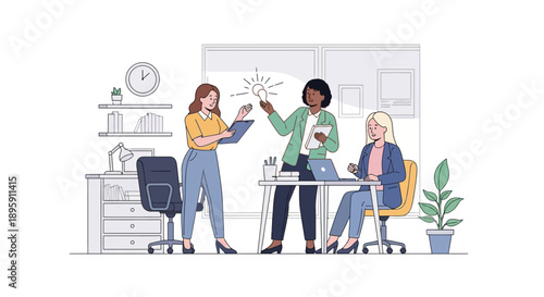 Diverse Businesswomen Sharing an Idea in Office Meeting. Professional Team Brainstorming and Collaboration Flat Line Illustration.