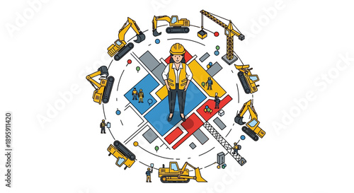 Female Construction Manager Overseeing Project on Architectural Blueprint Surrounded by Excavators and Crane - Engineering Leadership Illustration.