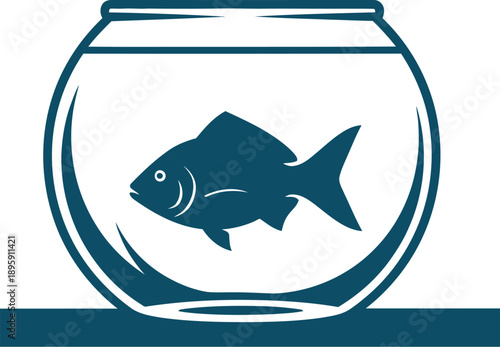 A simple illustration of a black fish swimming in a small round aquarium