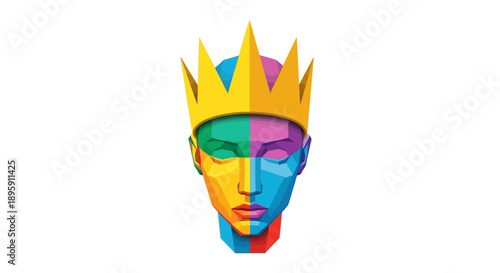 Vibrant Low Poly Geometric Head with Golden Crown Vector Art. Abstract Multicolored Polygonal Face Icon Representing Royalty, Identity, and Creative Power.