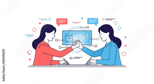 Professional Partnership and Rivalry: Two Businesswomen Shaking Hands Over a Digital Project Blueprint. Flat line vector illustration of collaboration and competition.