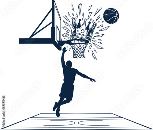 A basketball player in mid air dunking a ball into a hoop with dynamic movement and energy