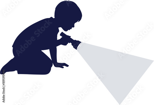 A silhouette of a person kneeling and shining a flashlight