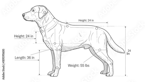Labrador Breed Standard: A meticulously crafted illustration provides a detailed overview of the ideal Labrador, showcasing its dimensions for a precise representation.