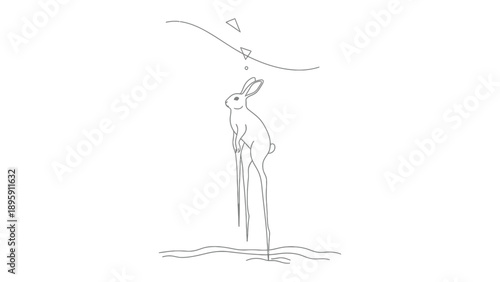 Rabbit's Curious Stance: A whimsical illustration depicts a curious rabbit standing on elongated legs, reaching toward a falling object, creating a sense of wonder and playful curiosity.