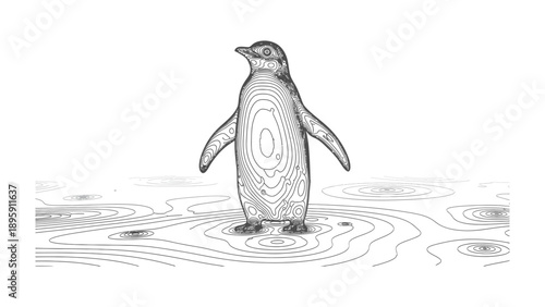Penguin illustration on the ice: A charming penguin stands proudly on a frozen expanse, rendered in a simple illustration style, highlighting its distinctive form and the icy environment.