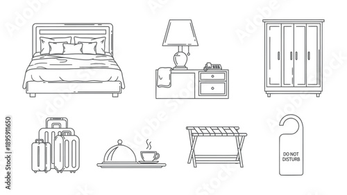 Hotel Room Essentials: A meticulously crafted illustration presents essential hotel room elements in simple lines, offering a glimpse of comfort and convenience.