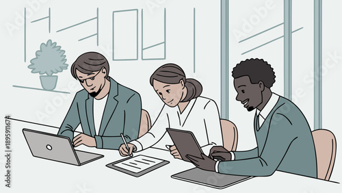 A diverse group of colleagues collaborating and working together in a modern office setting with laptops and tablets.