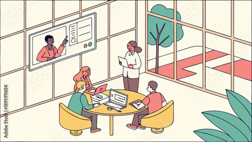 A diverse group of people collaborating in a modern office with a virtual meeting on a screen