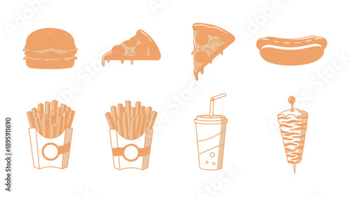 Delicious Assortment of Food Icons: A collection of tantalizing food icons, including a burger, pizza slices, hot dog, fries, drink, and shawarma, each representing a delightful culinary experience.