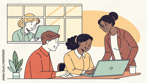 A diverse group of people collaborating on a laptop in a modern office setting with a plant and window