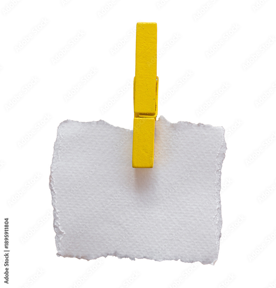 Obraz premium Square torn white paper clipped with yellow wooden clothespin isolated on transparent background.