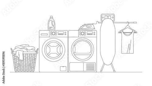 Laundry Room Essentials: An outline of a laundry room, showcasing the key components needed for laundry day. Clean and organized.