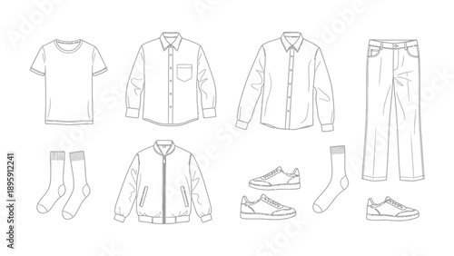 Stylish Apparel Collection: A curated ensemble of fashionable attire, including shirts, pants, a jacket, socks and sneakers, offering a diverse array of clothing options for a complete look.