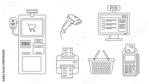 Digital Retail Icons: A collection of simple, minimalistic illustrations of essential retail equipment, conveying the essence of a modern shopping experience, highlighting efficiency and transaction.