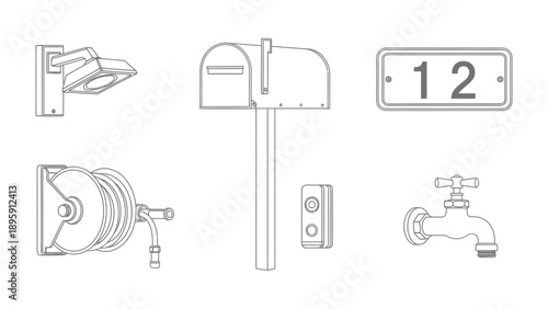 Home Elements: A simple, elegant illustration showcases essential home elements. These line drawings highlight the everyday objects that make a house a home.