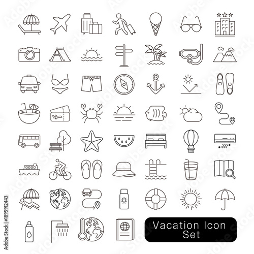 バカンスアイコンセット: 施設・乗り物・トラベル素材