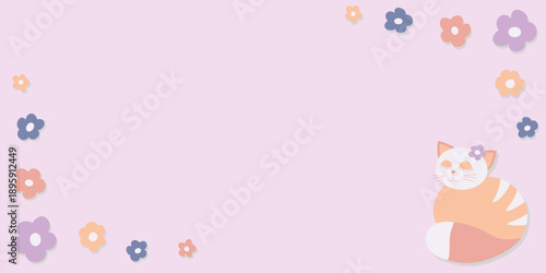 розовый фон для открыток и поздравительных, фон с котиком и цветами, придасительный для детского дня рождения, рамка из ромашек с котенком