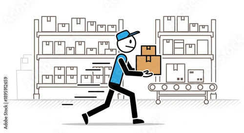 Delivery person running with boxes in warehouse.