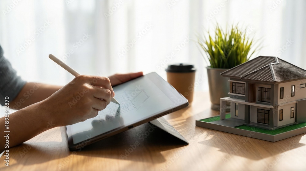 Fototapeta premium Architectural Designer Using Digital Drawing Tablet with Stylus to Create Real Estate Blueprint Visualization Next to Modern House Model for Project Presentation and Workflow Optimization