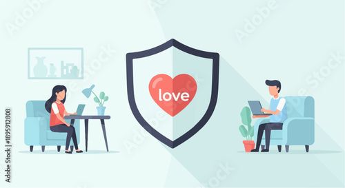 Couple connecting online protected by a heart shield