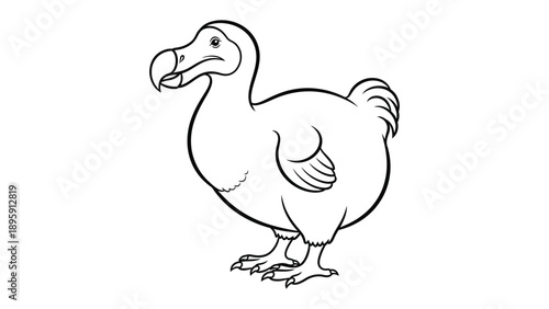 Dodo Bird Illustration: A detailed black and white illustration of a Dodo bird, capturing the extinct flightless bird's distinctive features and stout form.